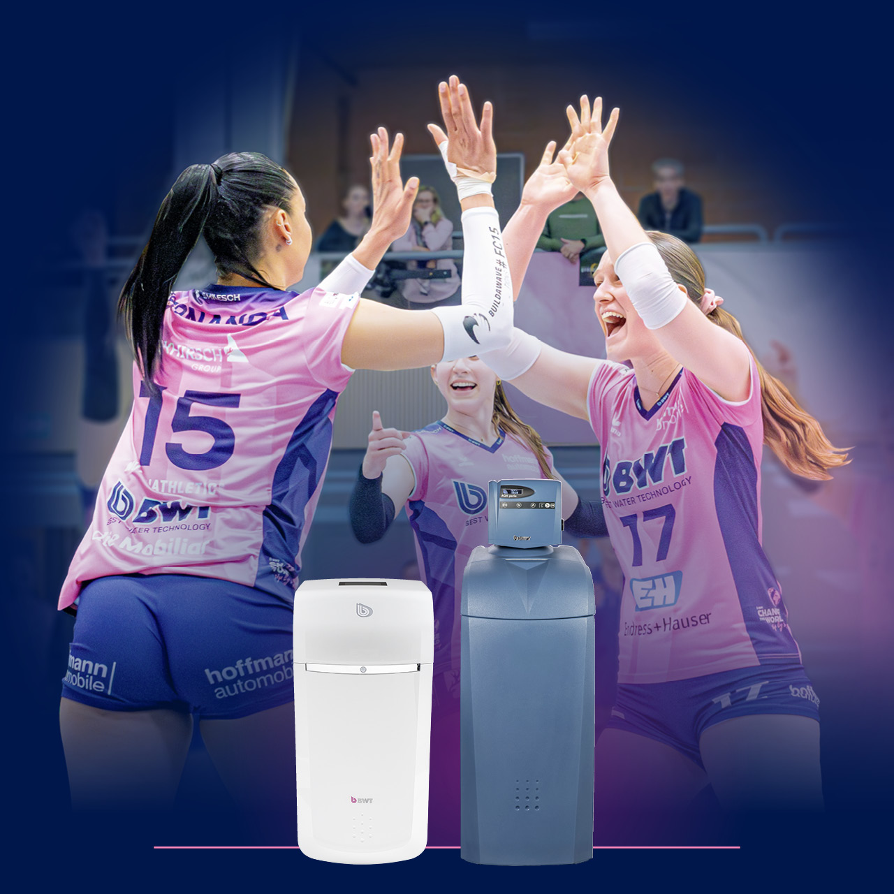 BWT-Werbung mit Volleyballspielerinnen und Wasserenthärtungsanlagen.