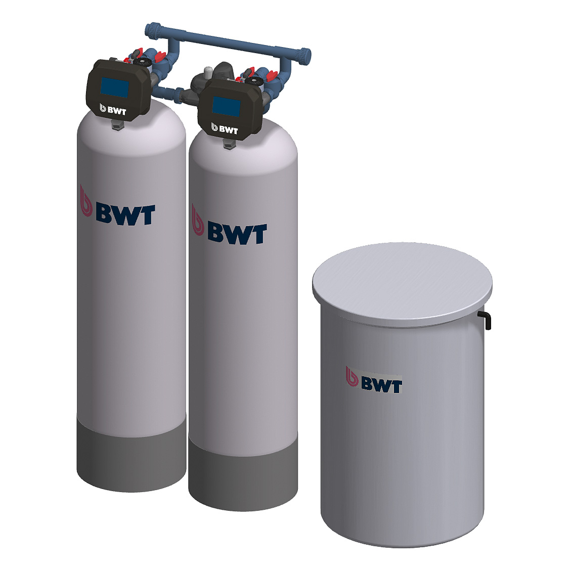 BWT Enthärtungsanlage mit zwei Druckbehältern und Steuerköpfen sowie separatem Solebehälter zur Wasserenthärtung.