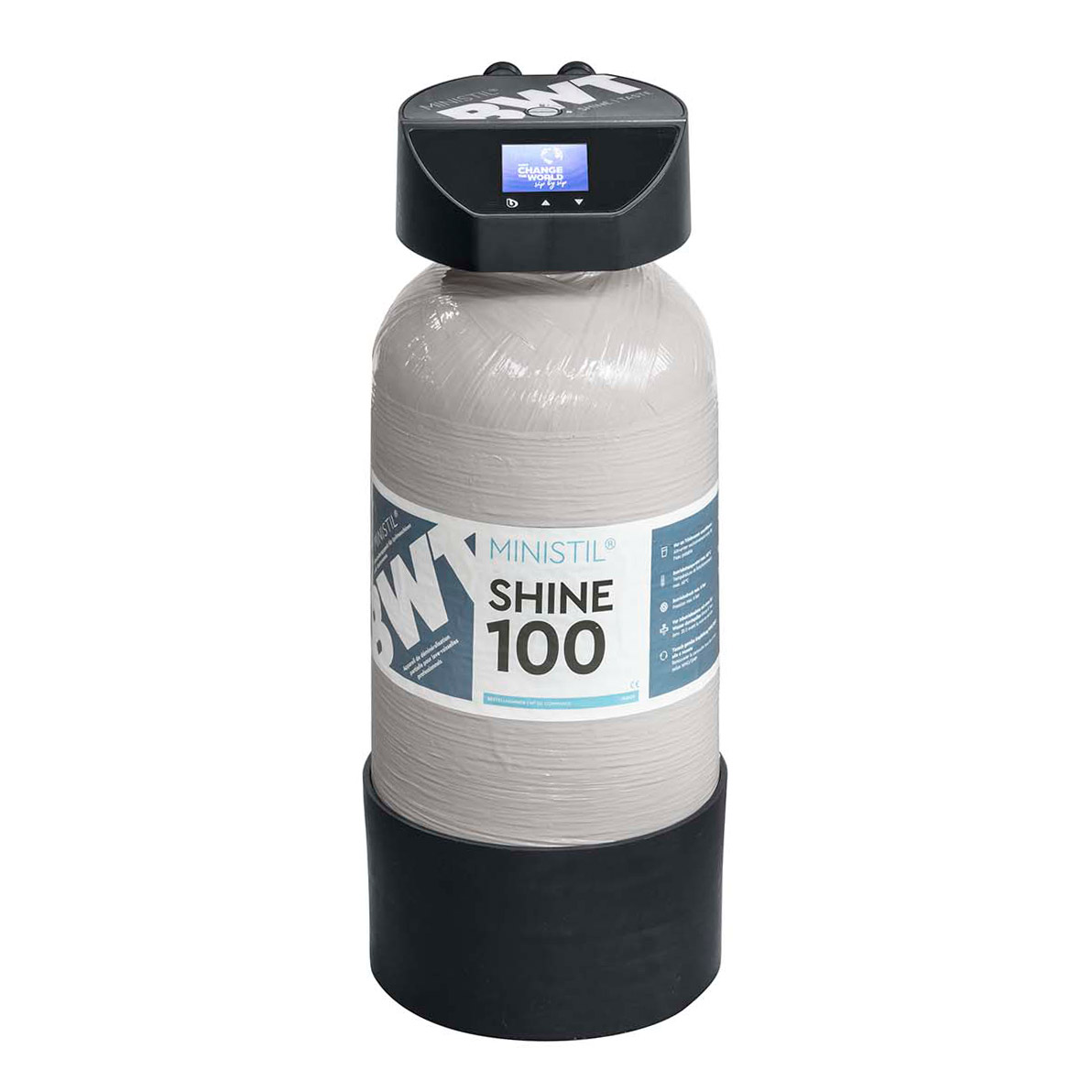 Graue Patrone mit blau-weissem Etikett.