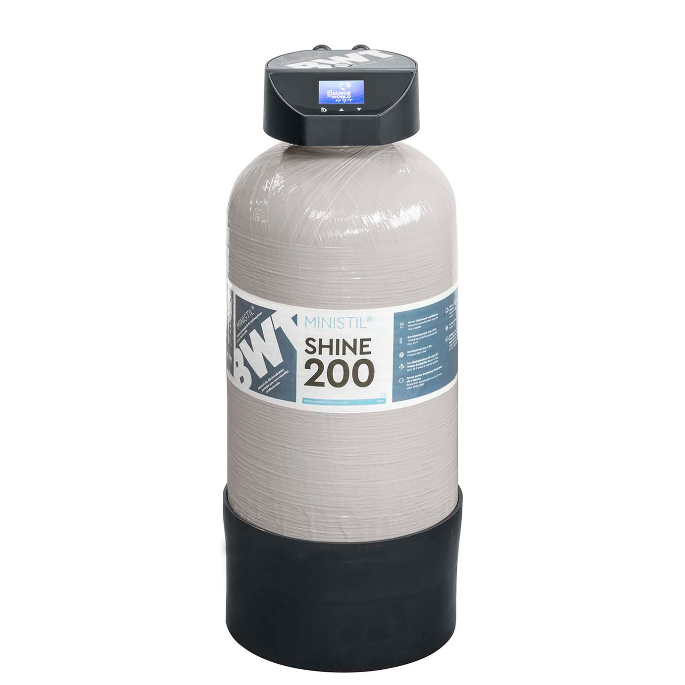 Graue Patrone mit blau-weissem Etikett.