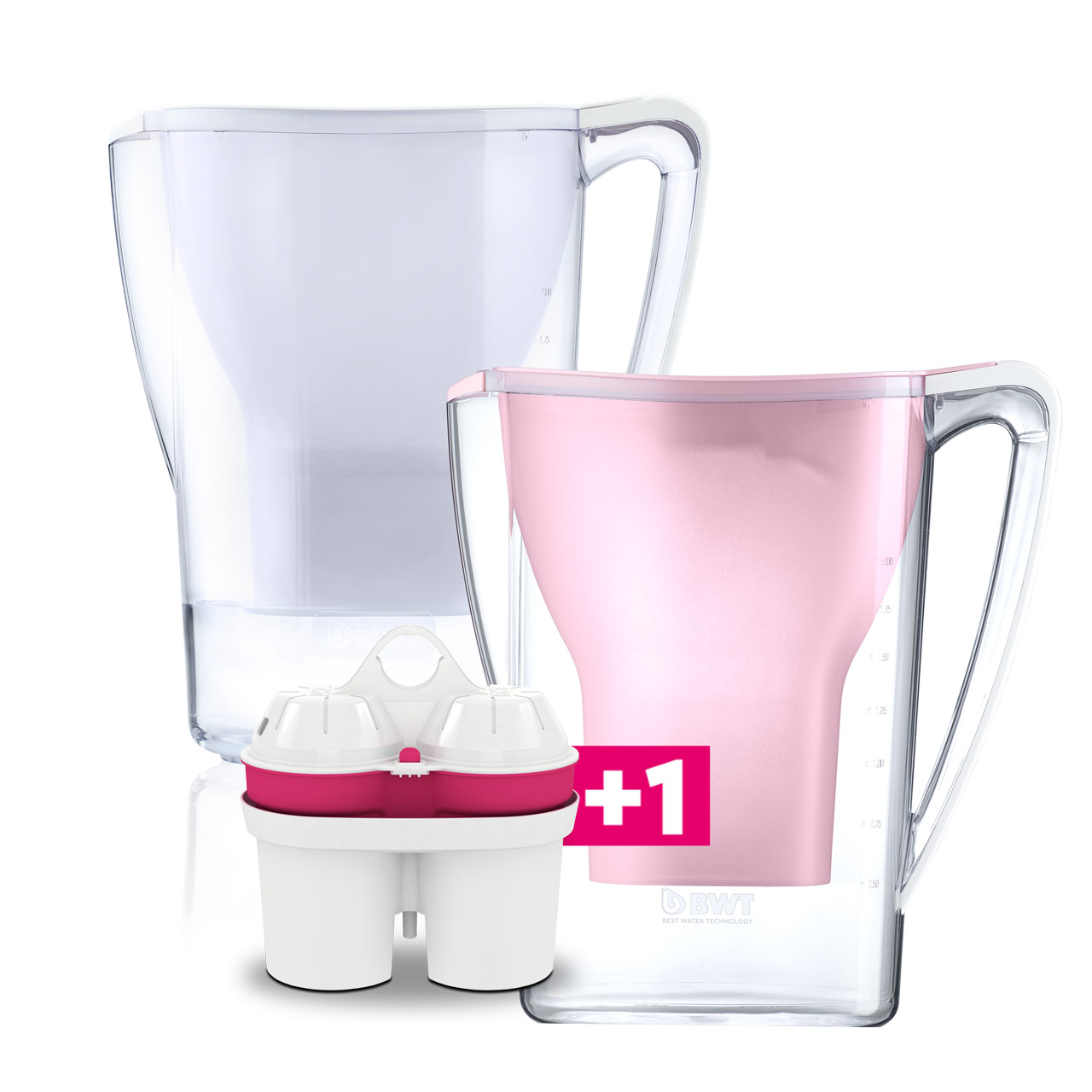 Weisser und pinker Tischwasserfilter und ein passender Filter.