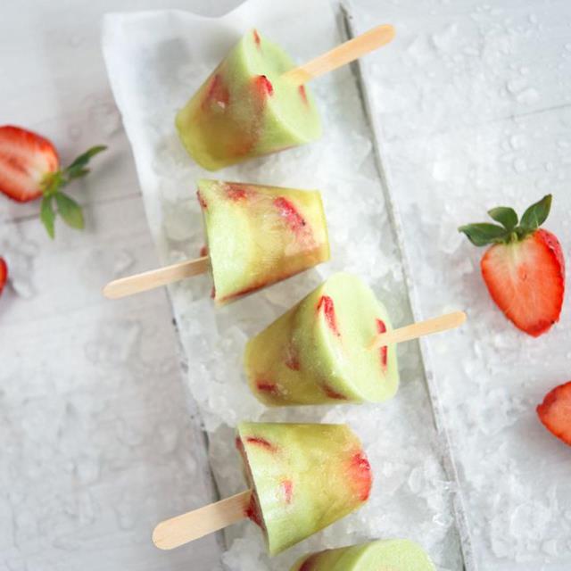 Rhubarb, strawberry and woodruff ice lollies