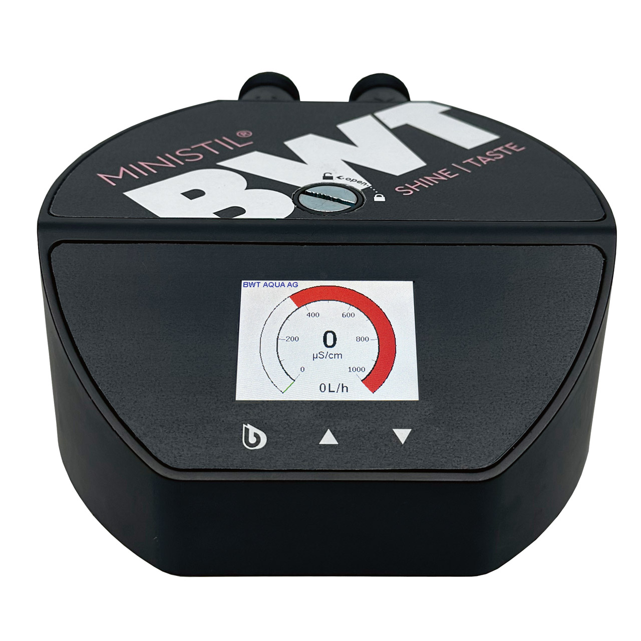 Tête de raccord MINISTIL série TE en vue frontale avec affichage digital pour le contrôle de la conductivité et du débit