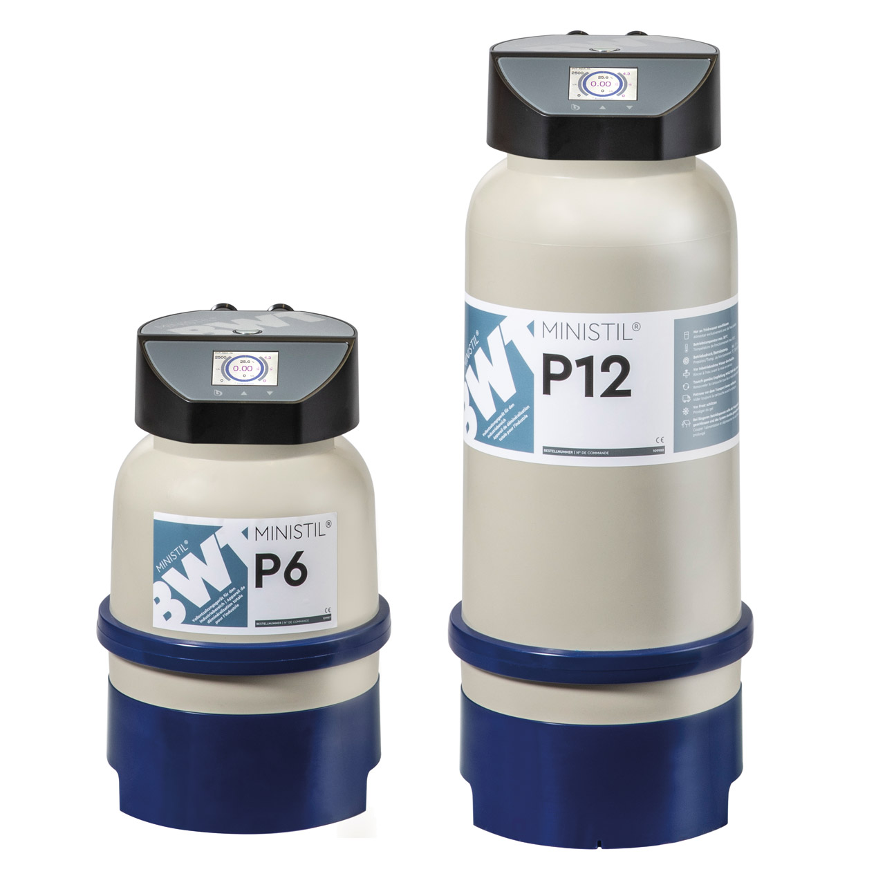 Cartouche de déminéralisation complète BWT Ministil, blanche et bleue, avec tête de mesure et de raccordement intégrée