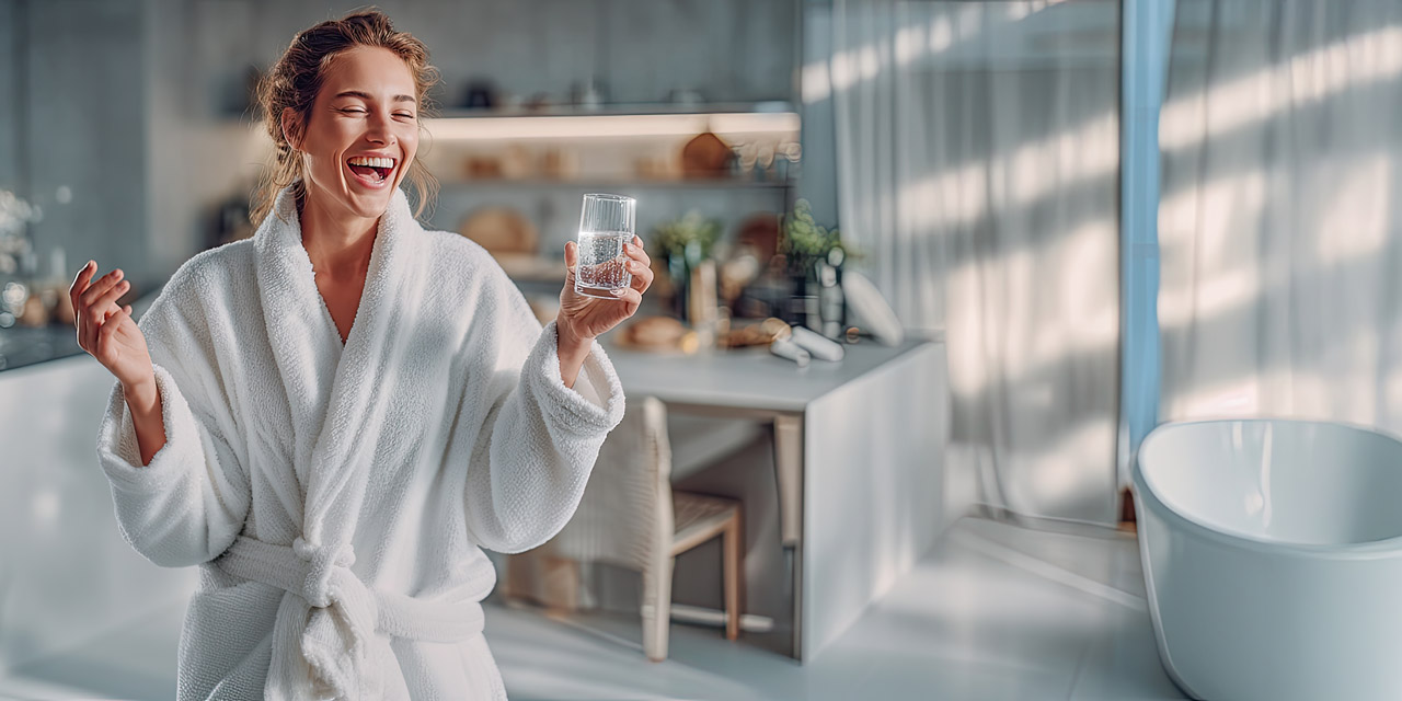 Une femme tient un verre d’eau et porte un peignoir. En arrière-plan, on voit une cuisine et une baignoire — cela doit symboliser OnePipe Pearlwater de BWT.