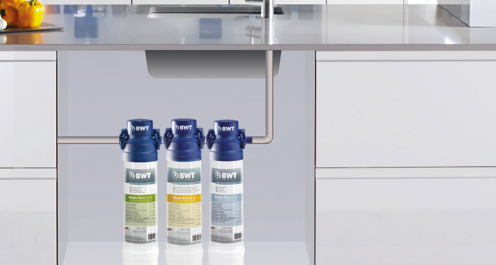 BWT Woda-Pure víztiszító család konyhapult alá beépítve