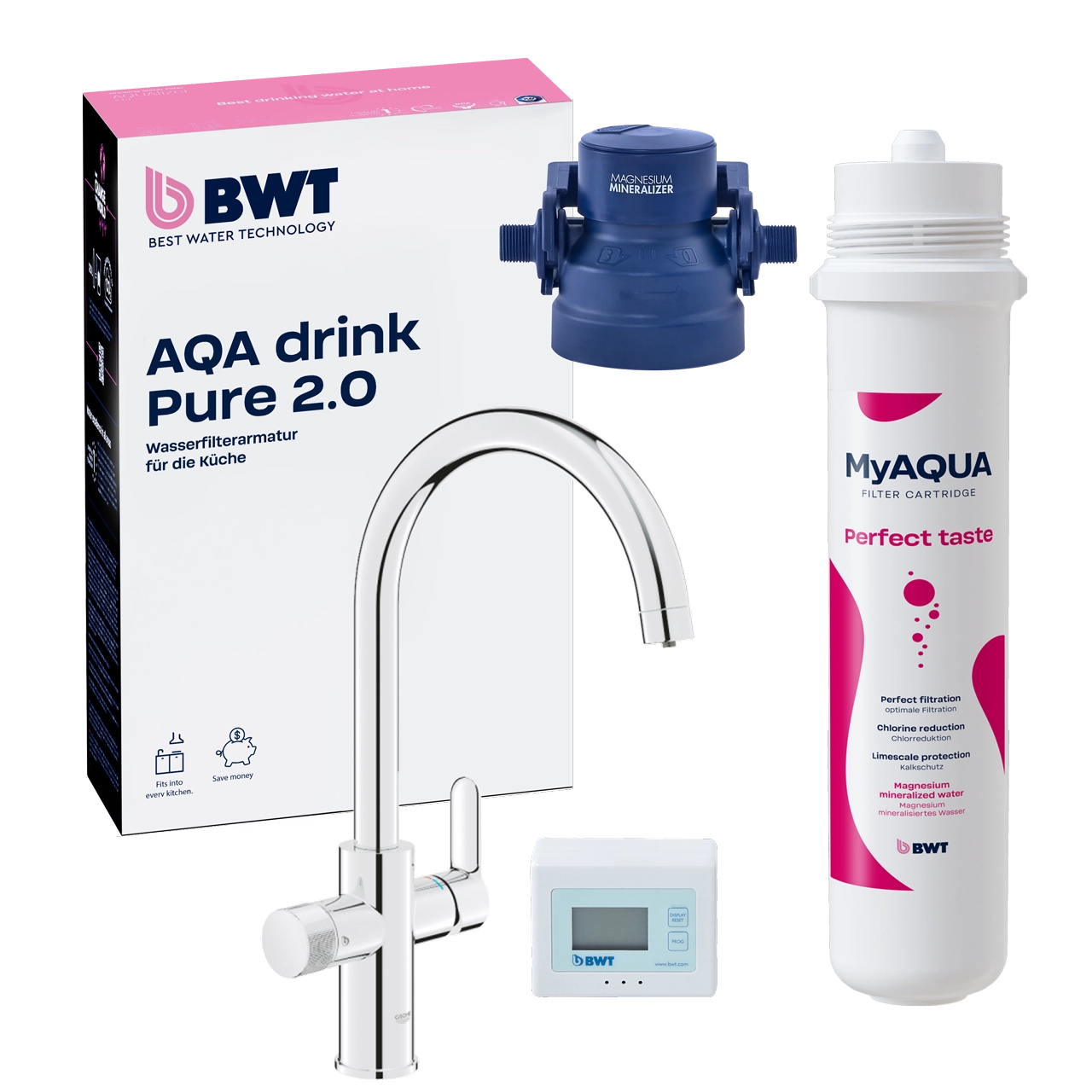 BWT Filtro Acqua AQA Drink Pure Loft - Rubinetto A 2 Vie Con Doccetta Estraibile E Cartuccia Al Magnesio, Elimina Calcare, Cloro, Piombo E Rame