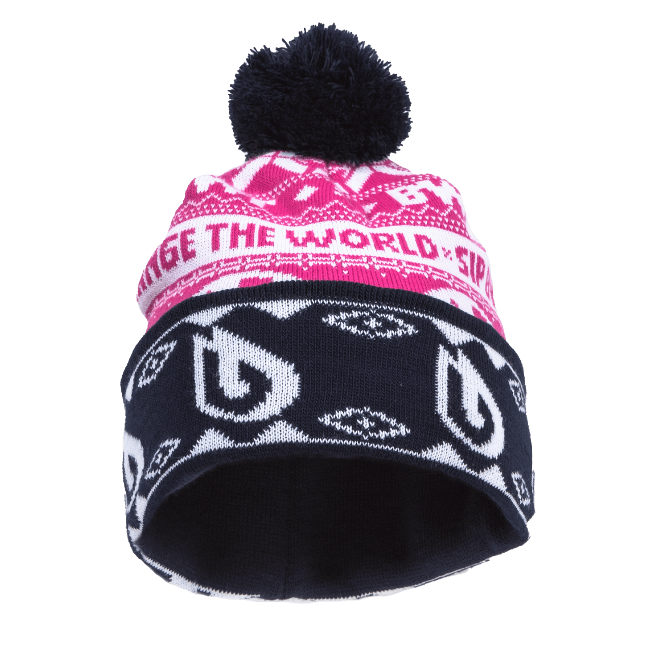 BWT winter hat in pink/black with "Change the World" lettering