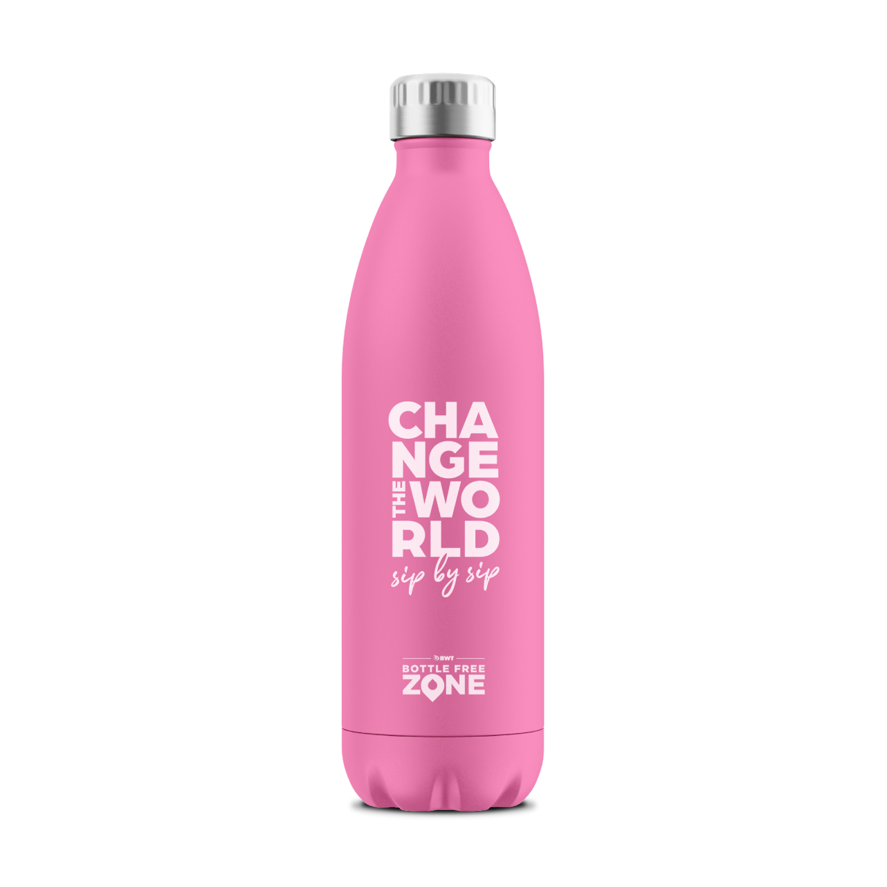 Drinking bottle in Change the Word design in the colour pink front side