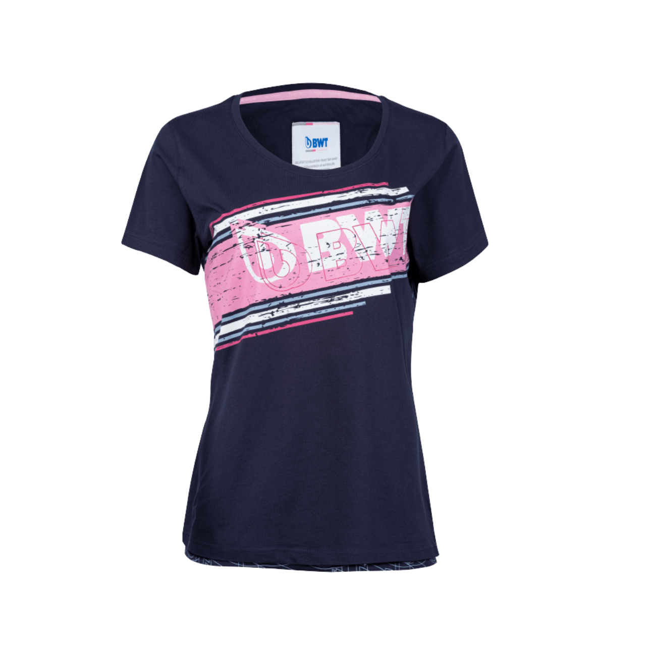 Camiseta BWT Lifestyle Damend azul con estampado rosa y logotipo BWT blanco en el pecho