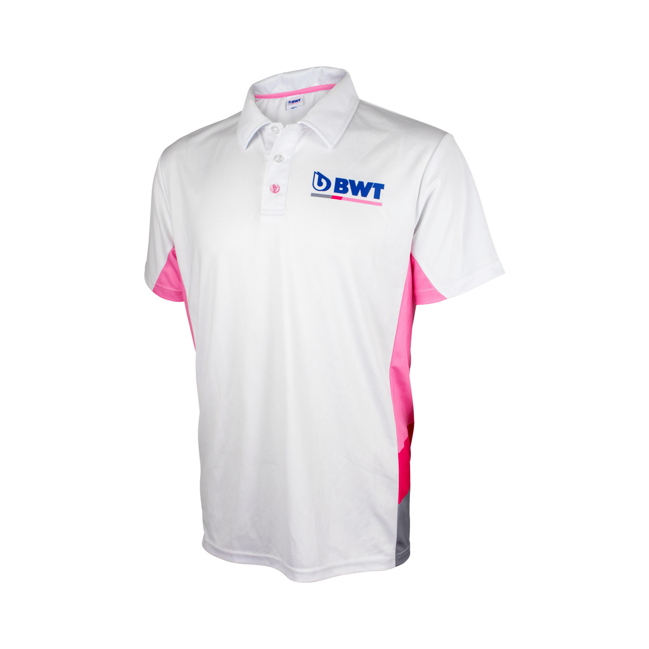 BWT Edition Polo Shirt Herren weiß mit pinken Elementen und blauem BWT Logo