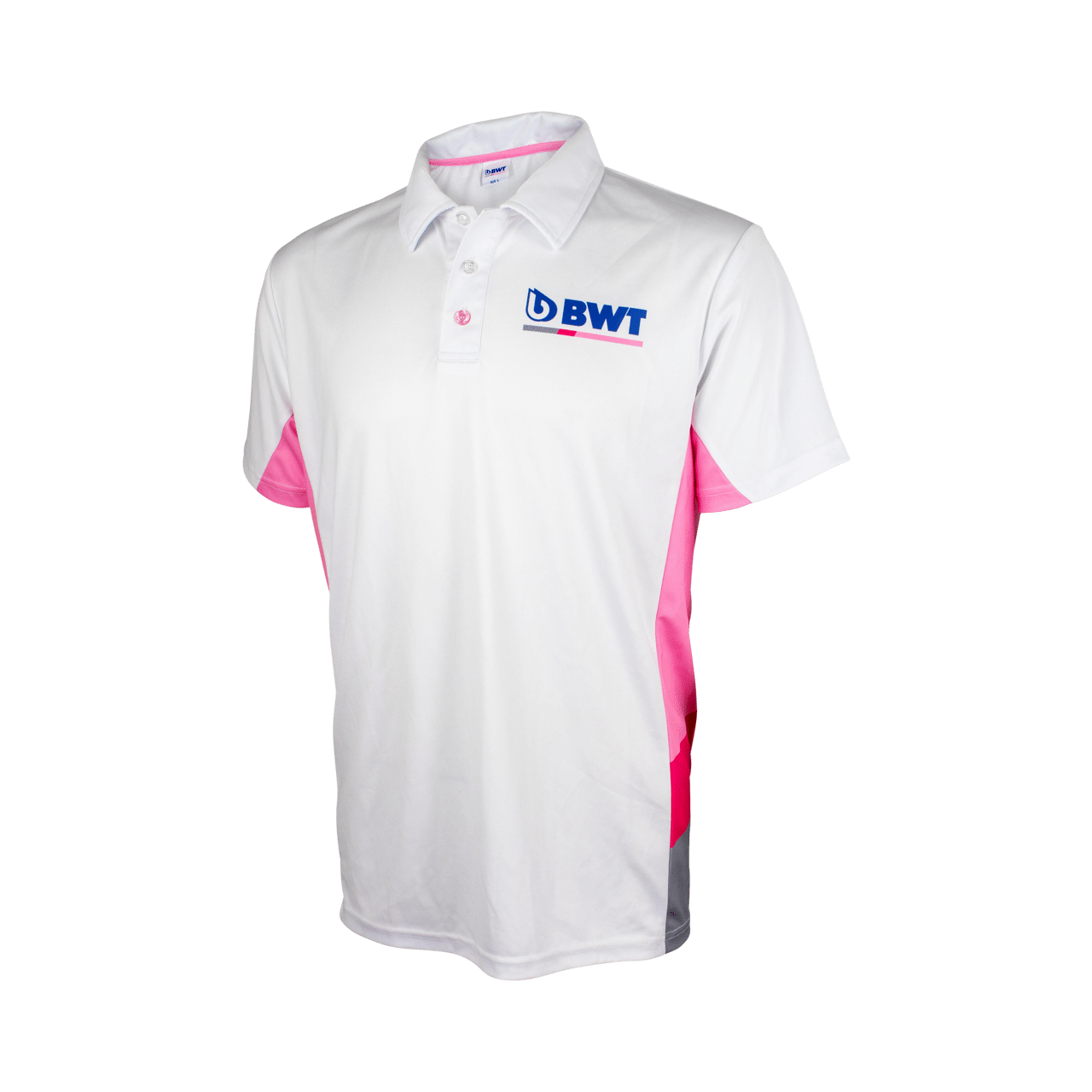 Polo BWT Edition Hombre blanco con elementos rosas y logotipo BWT azul