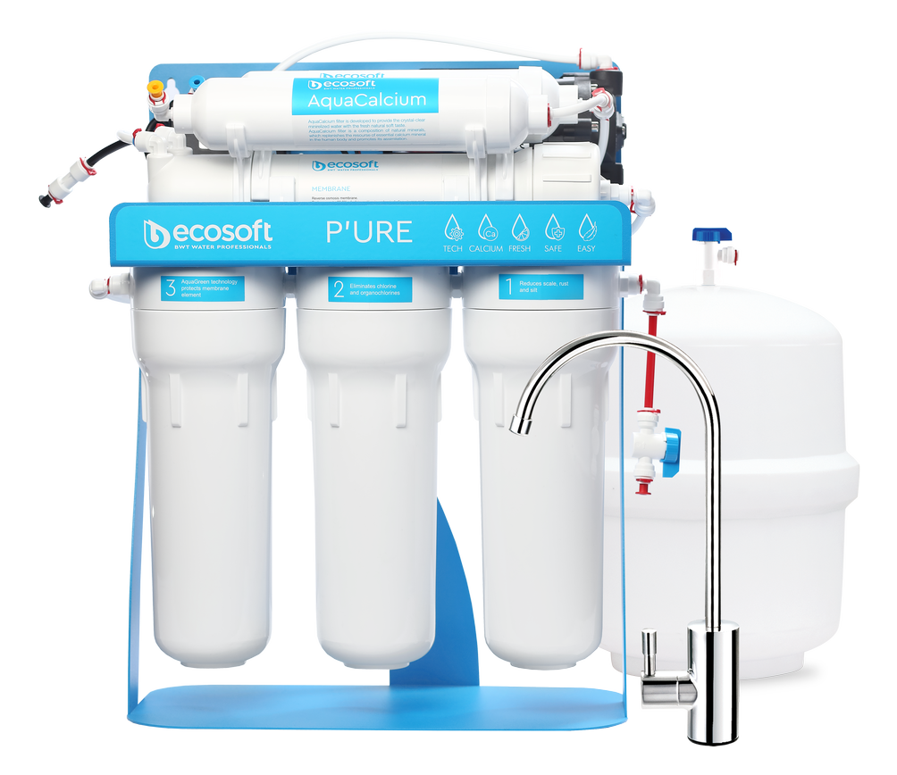 BWT PURE Ecosoft Aquacalcium with pump on metal rack