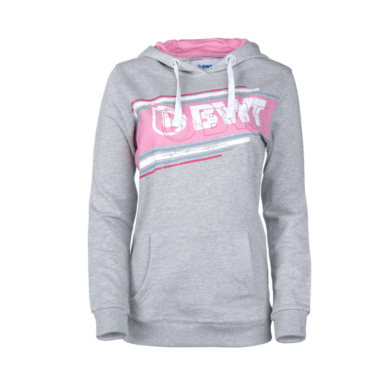 BWT Lifestyle Hoodie Ladies in grey with white BWT logo on pink background