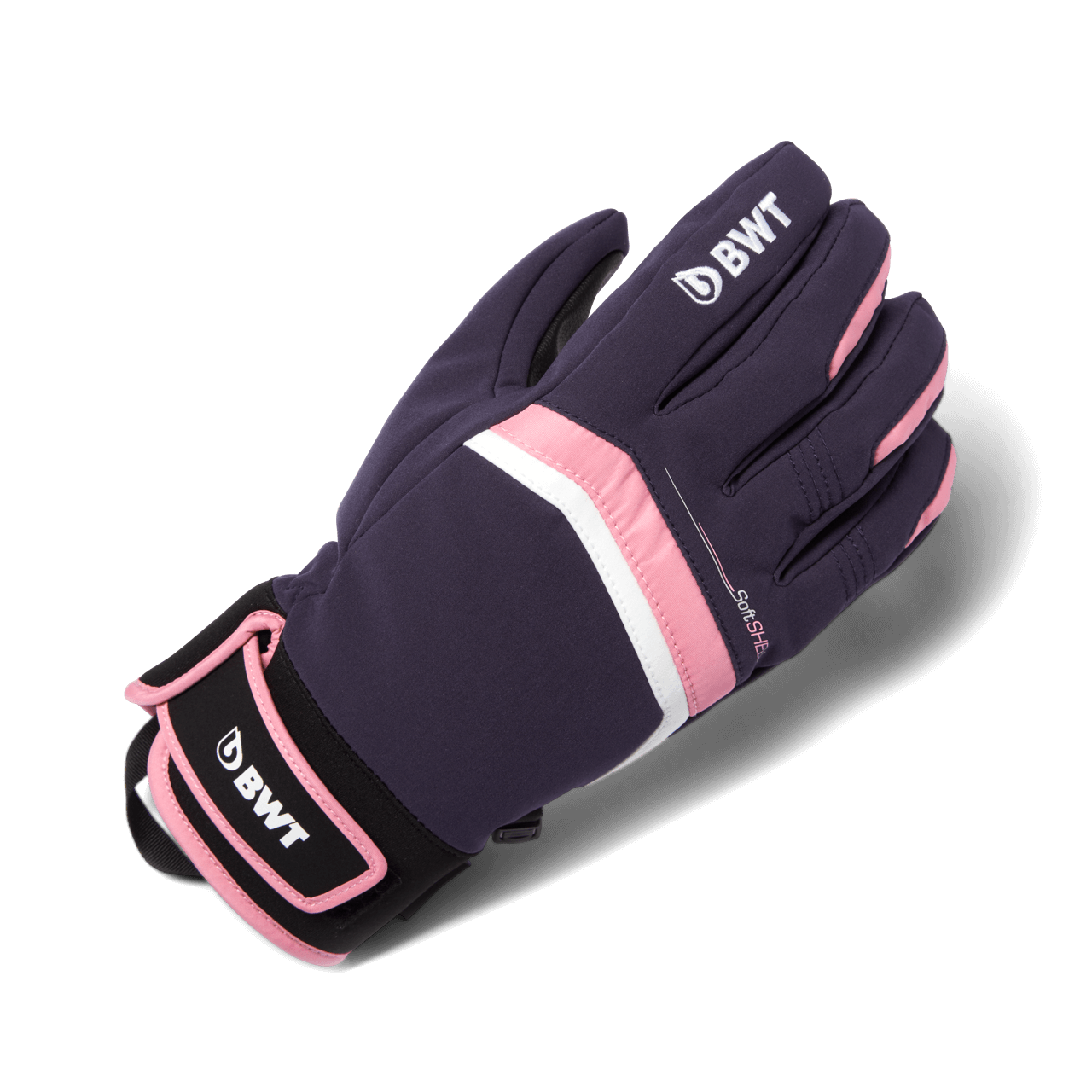 BWT winter gloves in navy blue with pink accents and white BWT logo