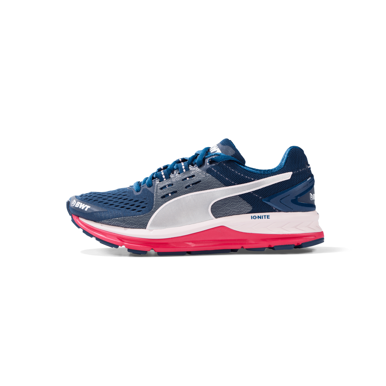 BWT running shoe in blue, white and pink design