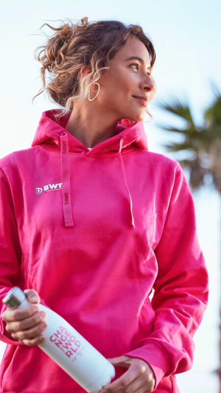 Woman with Pink BWT Hoodie and BWT Bottle