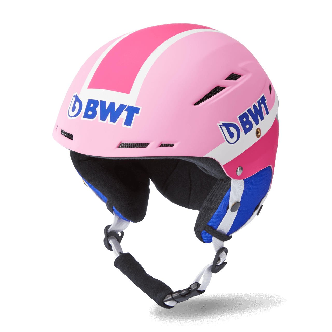 BWT Freeride ski helmet in pink with blue BWT logo