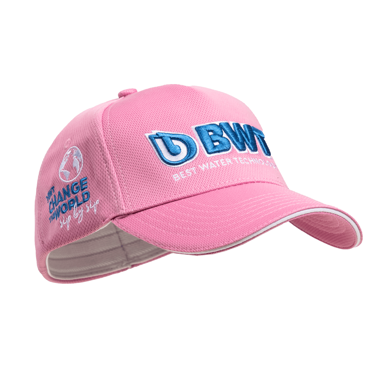 Gorra BWT Change the World en rosa con el logotipo BWT en azul