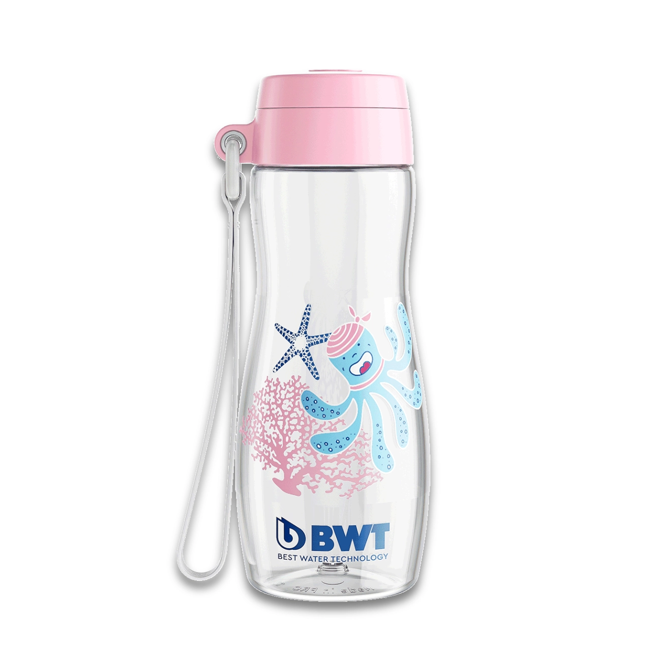 Die Sportflasche für Kinder in Rosa mit Tintenfischdesign