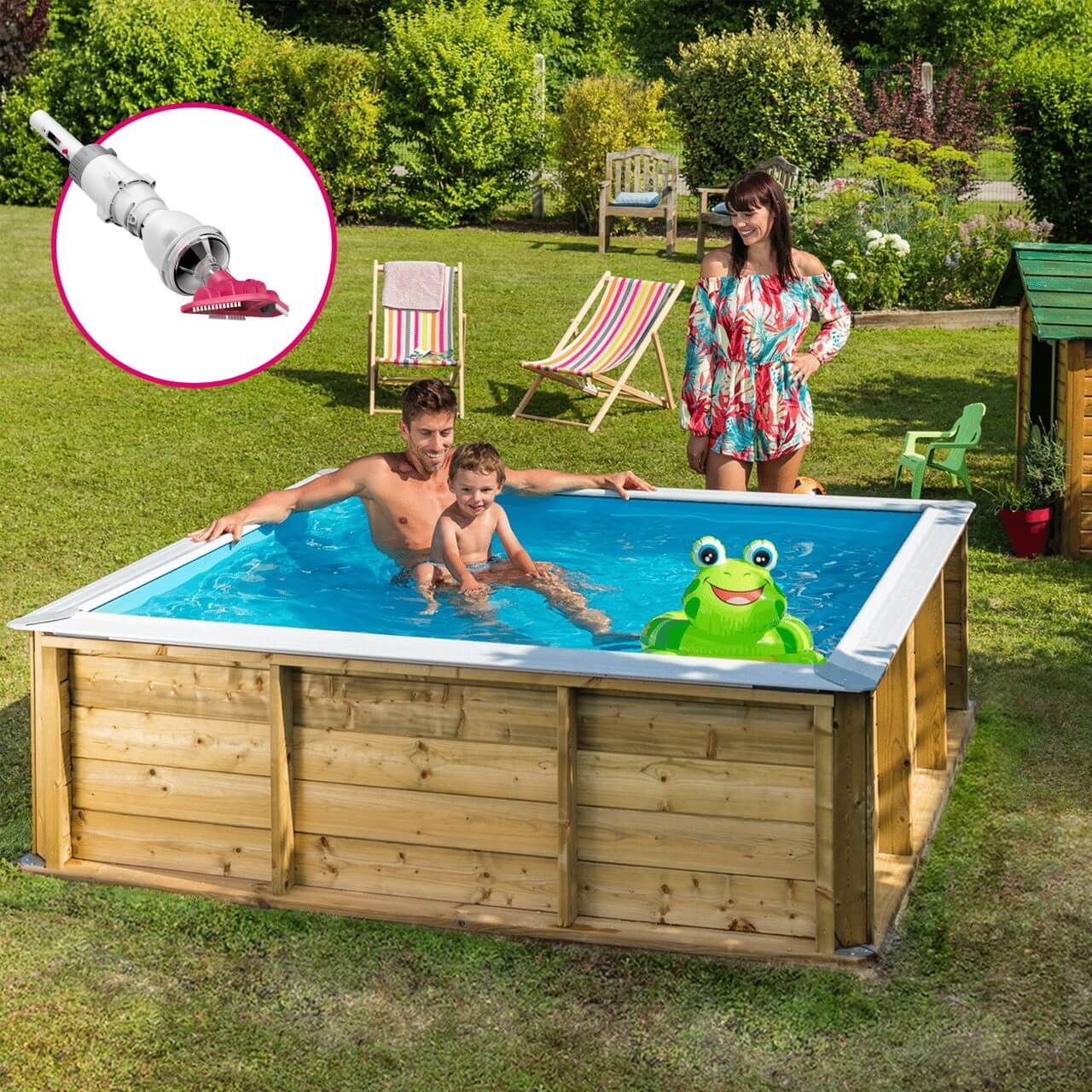 Children's pool pistol made of wood for family with pool vacuum cleaner