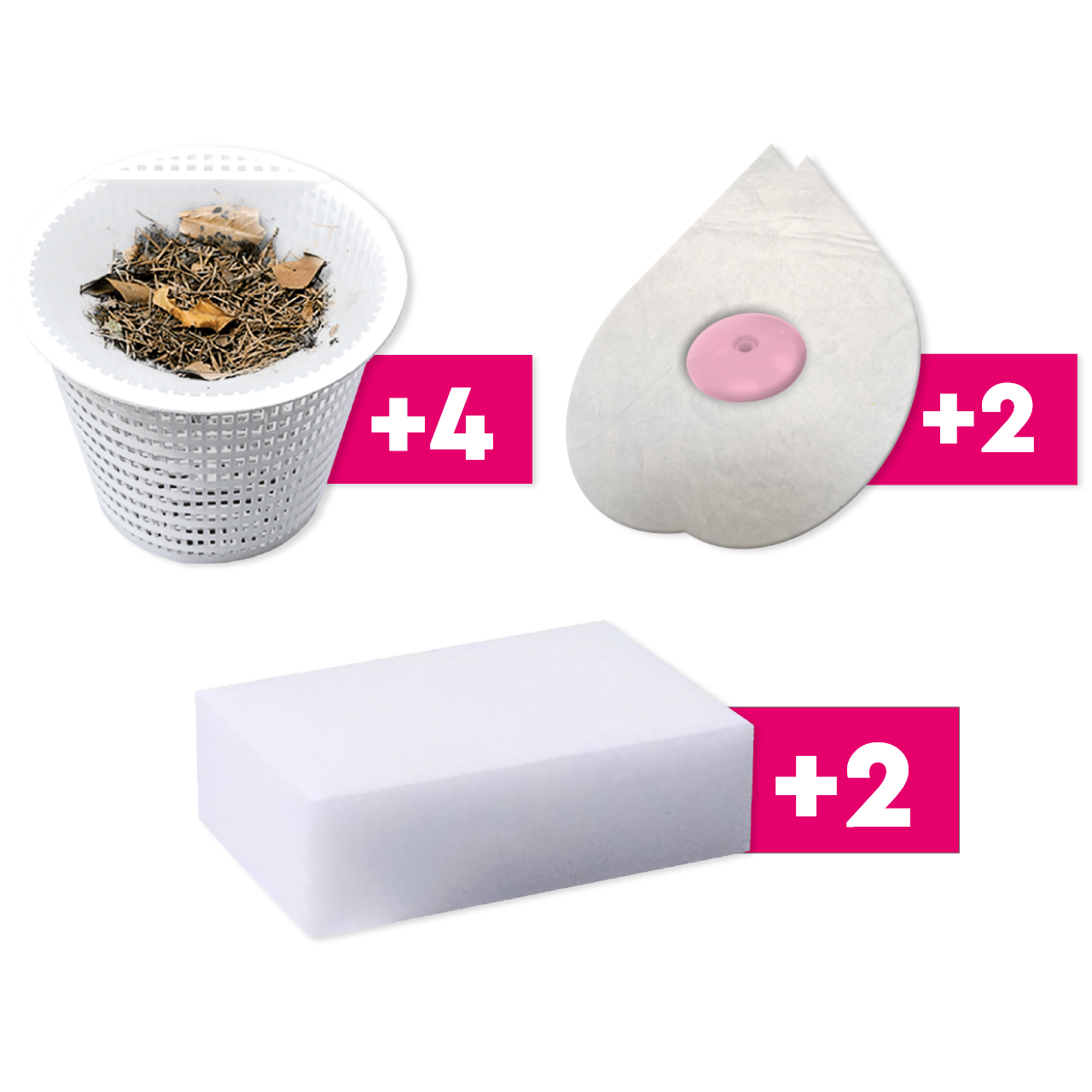 Set aus Schwimmpads, Fleckenentferner und Skimmer-Netz