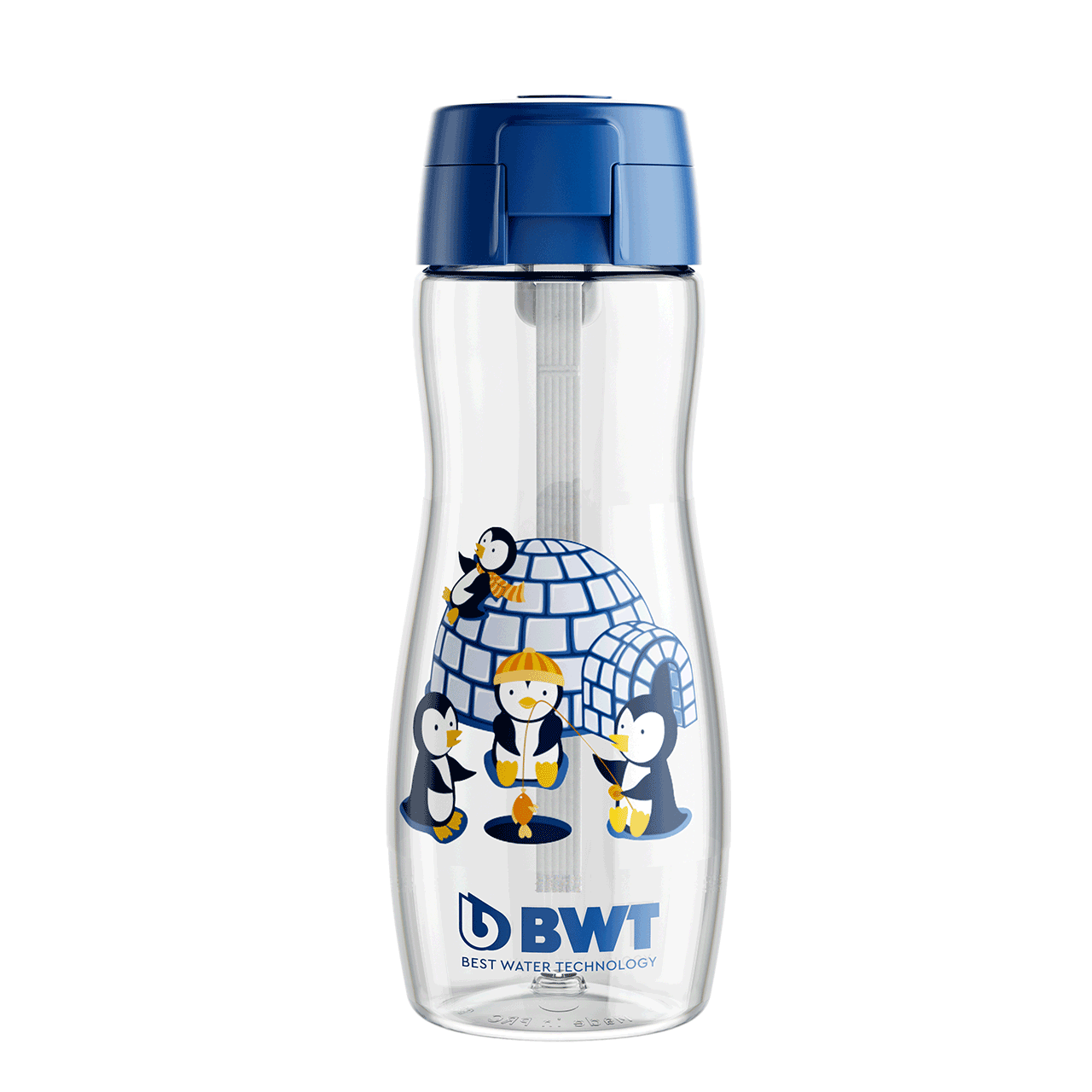 Trinkflasche für Kinder von BWT in Blau mit Pinguin-Aufdruck