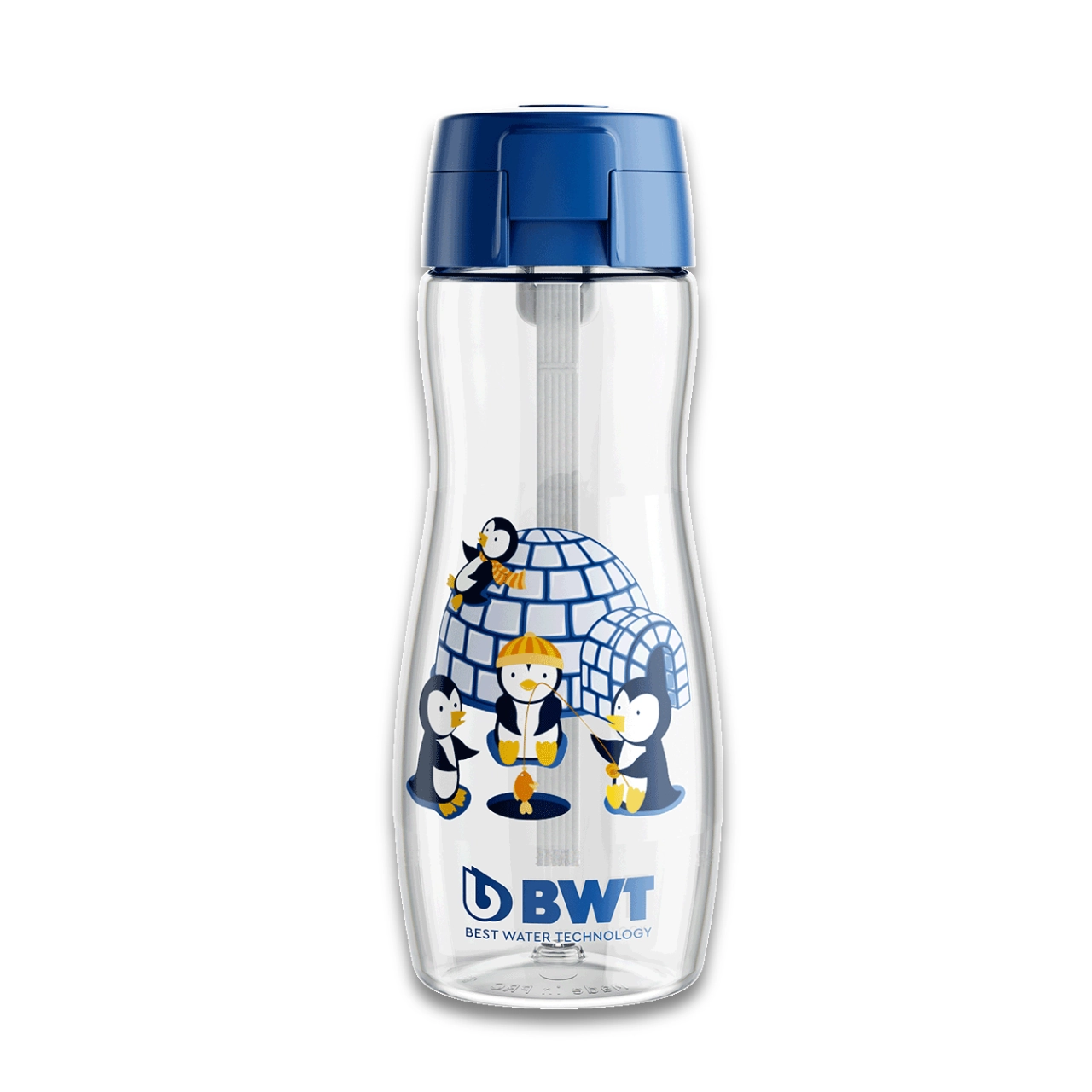 Trinkflasche für Kinder von BWT in Blau mit Pinguin-Aufdruck