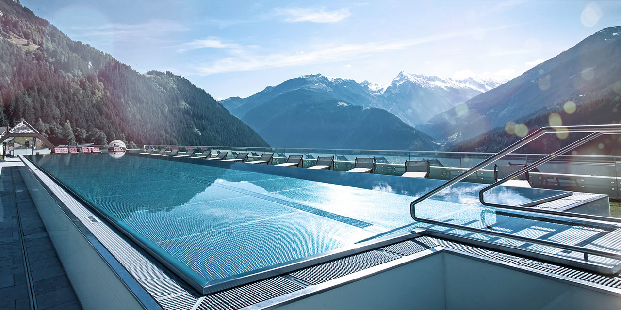 Rooftop swimming pool in the alps