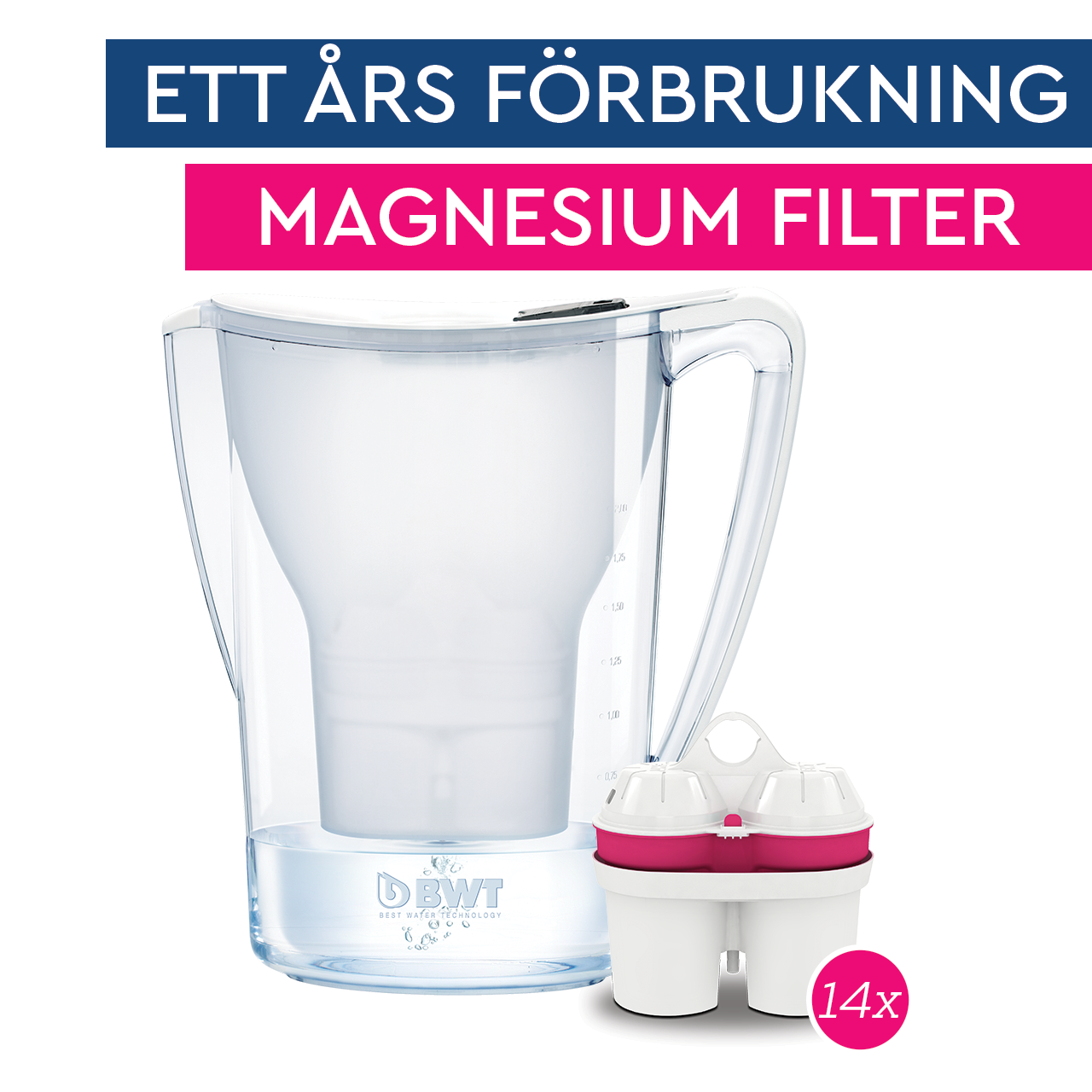 filterkanna och filter, magnsium, bwt