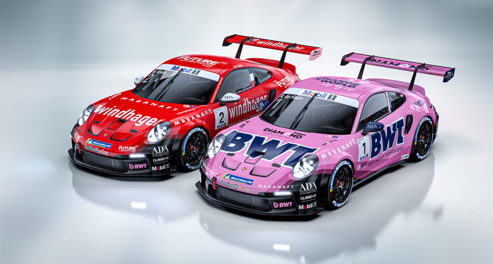 Two Porsche 911 GT3 Cup cars are showcased in a studio setting, featuring vibrant BWT and Windhagerlivery.