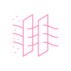 A minimalist, pink symbol shows the water filtration process.
