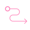 A stylized, pink line meanders from a circle on the left to an arrow on the right.
