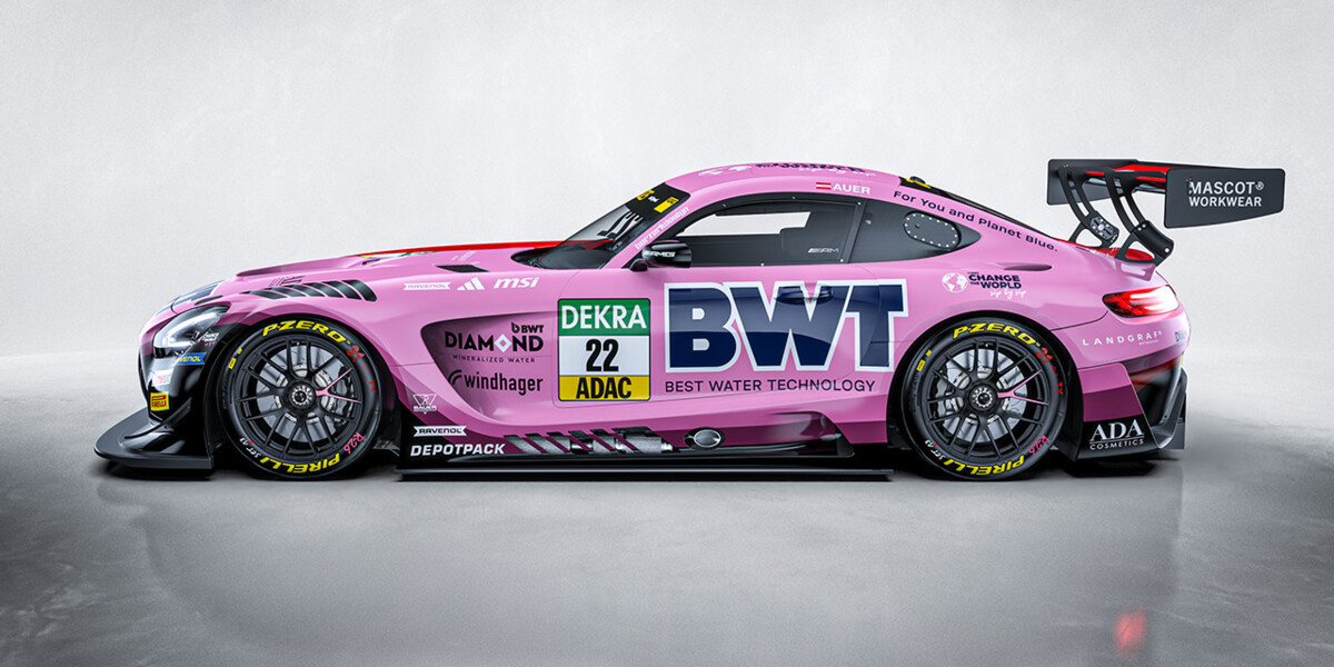 A striking side profile of a high-performance race car featuring prominent BWT branding in blue and pink. 