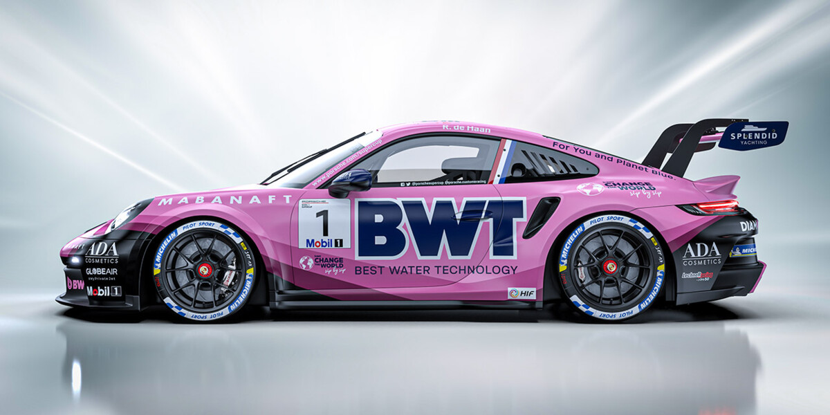 A striking side view of a high-performance Porsche racing car in vivid pink BWT branding.