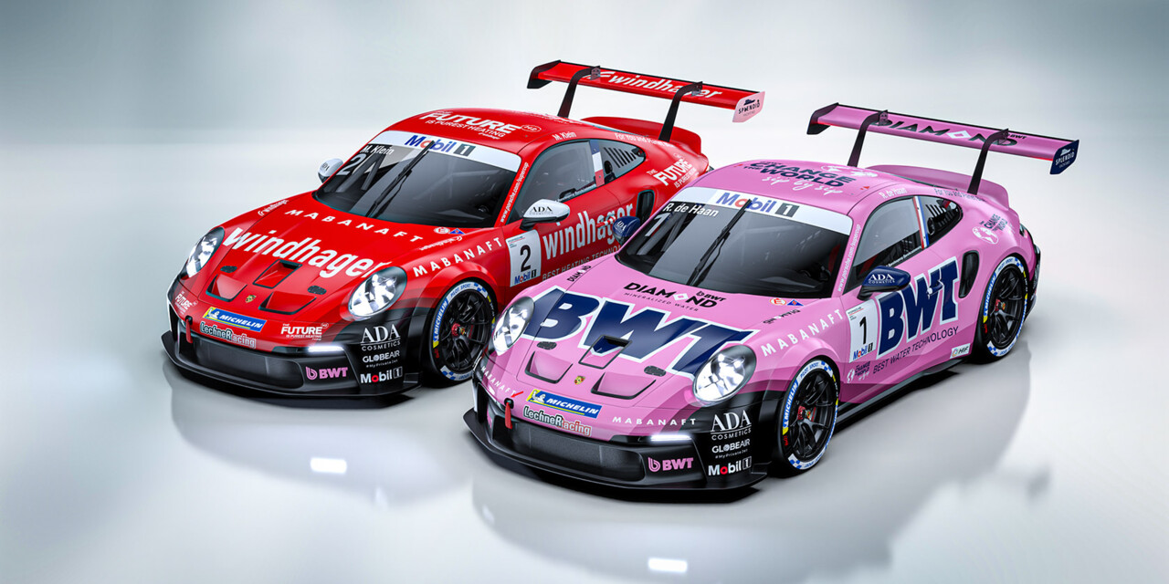 Two Porsche 911 GT3 Cup cars are showcased in a studio setting, featuring vibrant BWT and Windhagerlivery.