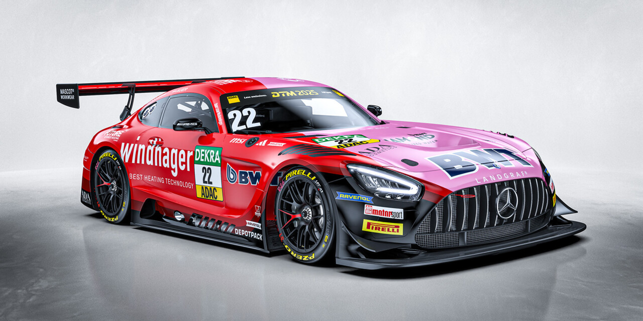 A Mercedes-AMG GT3 race car featuring a striking red livery with prominent sponsor logos including Windhager and BWT.