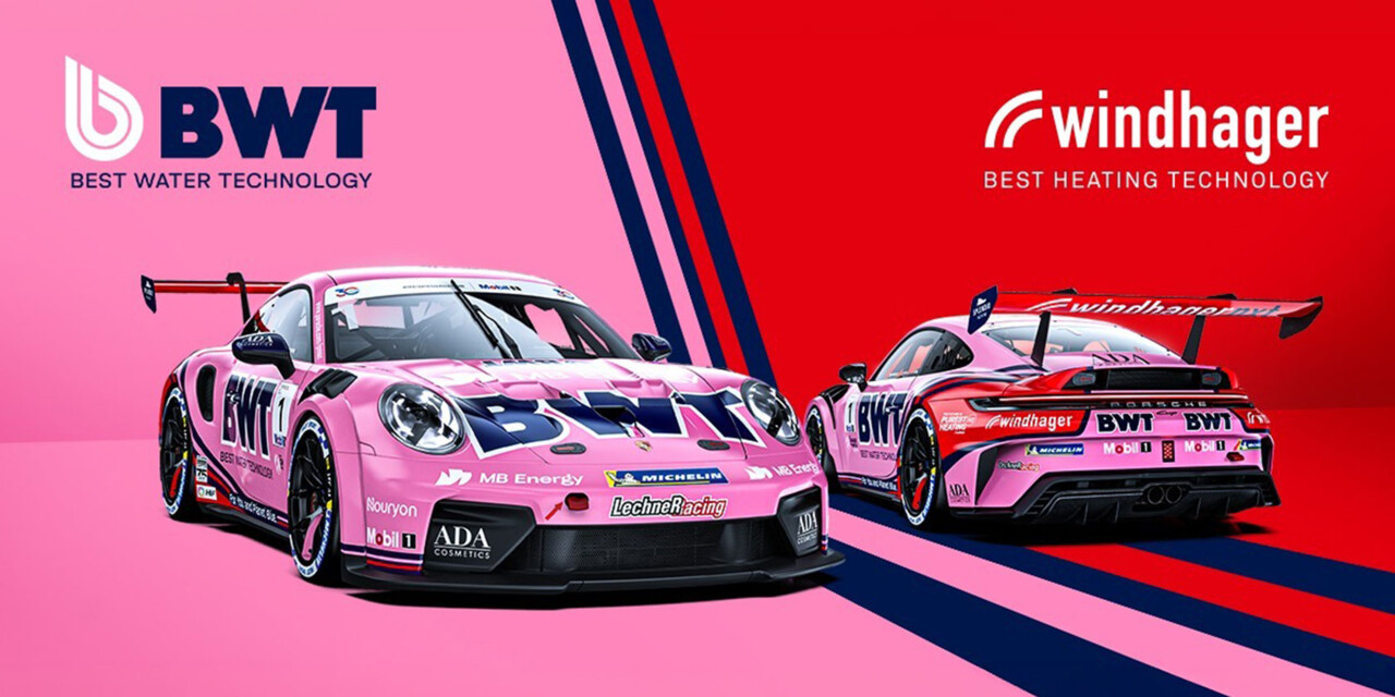 A vibrant red-and-pink promotional banner featuring two BWT-branded GT race cars, shown from front-left and rear-right angles.