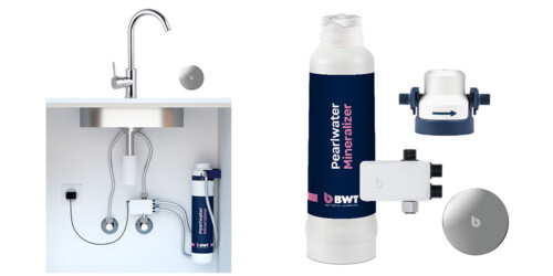 The BWT Pearlwater Mineralizer Kit, featuring a compact under-sink installation with essential components.