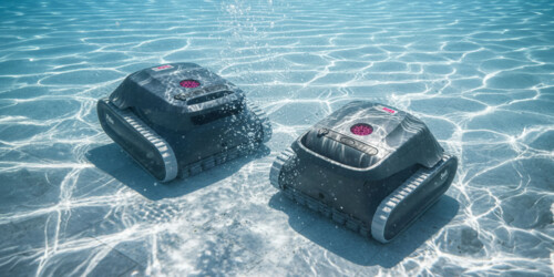 Two advanced robotic pool cleaners operate side-by-side on a pool floor, efficiently removing debris and sediment. 