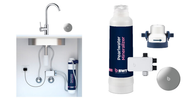 The BWT Pearlwater Mineralizer Kit, featuring a compact under-sink installation with essential components.