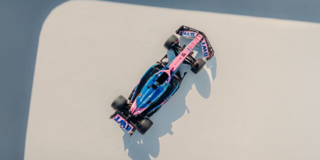 A high-resolution overhead shot of the Alpine Formula 1&reg; 2025 race car in striking blue and pink livery.