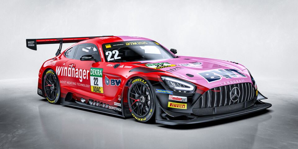 A Mercedes-AMG GT3 race car featuring a striking red livery with prominent sponsor logos including Windhager and BWT.